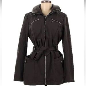 AVANTI belted gray faux fur lined water resistant coat with removable hood